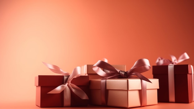 Gift boxes tied with ribbons on a coral background