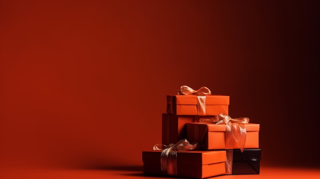 Gift boxes tied with ribbons on a Orange background