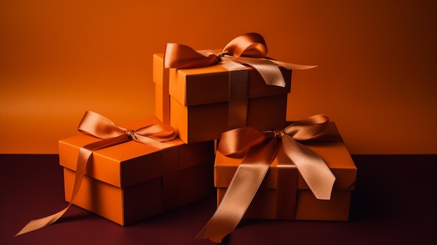 Gift boxes tied with ribbons on a Orange background