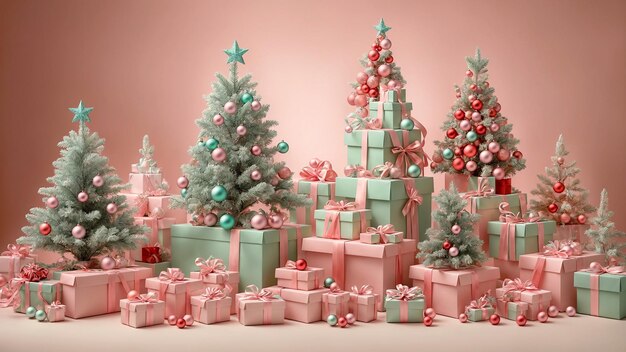 Gift boxes of various shapes and sizes are located among colorful Christmas treesGenerative AI