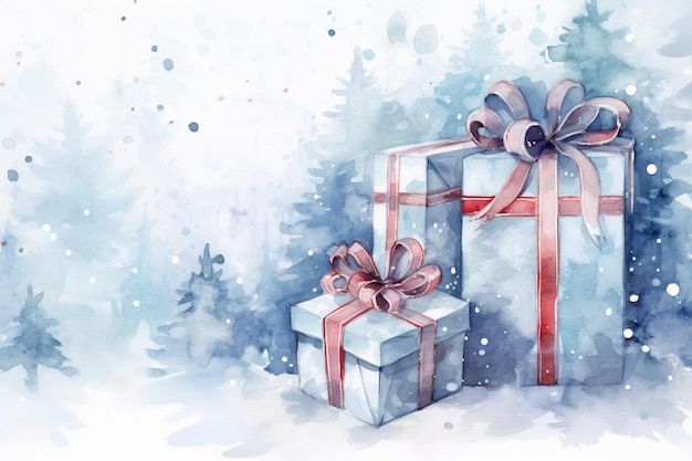 Gift boxes in winter holiday background in watercolor style Holiday digital watercolor illustration for design on Christmas and New Year card poster or banner Generative AI