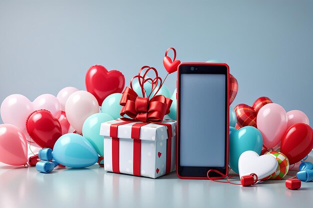 Gift boxes with balloons in heart shape and blank screen of cell phone