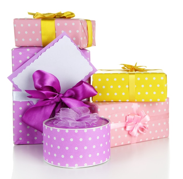 Gift boxes with blank label isolated on white