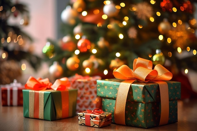 Gift boxes with a bow under the Christmas tree