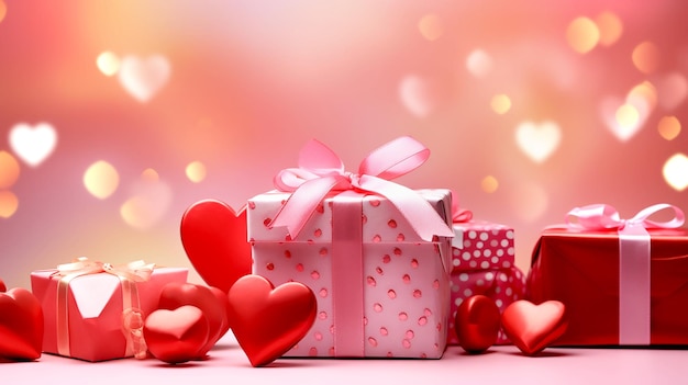 Gift boxes with bows and hearts on the background of bokeh effect