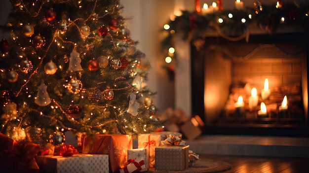 gift boxes with christmas decor on wooden table blurred lights bokeh background