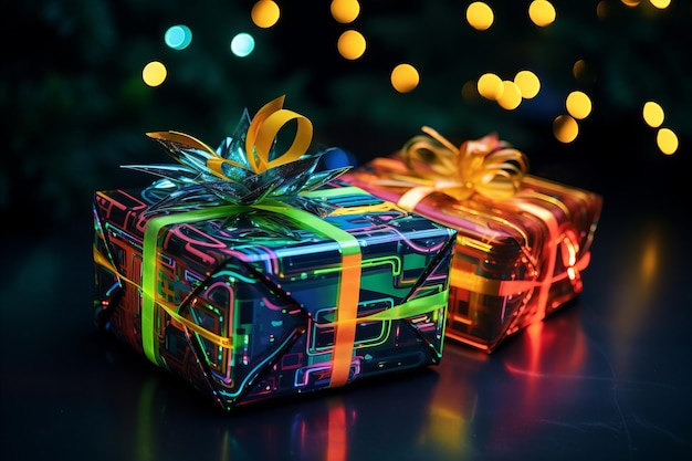 사진 어두운 배경 에 있는 다채로운 리본 과 크리스마스 조명 을 가진 선물 상자
