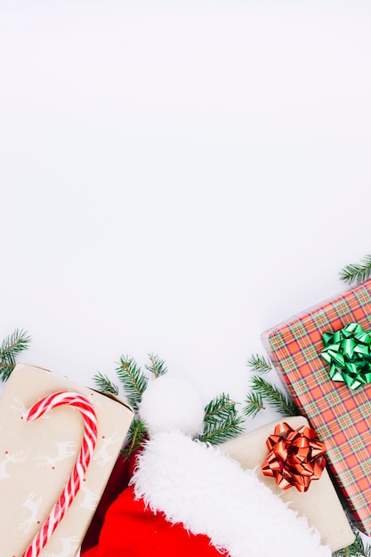 Photo gift boxes with fir tree branches