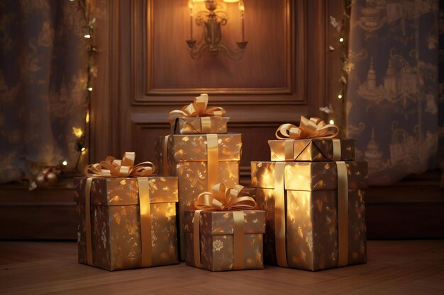 Photo gift boxes with golden ribbons on wooden floor at home