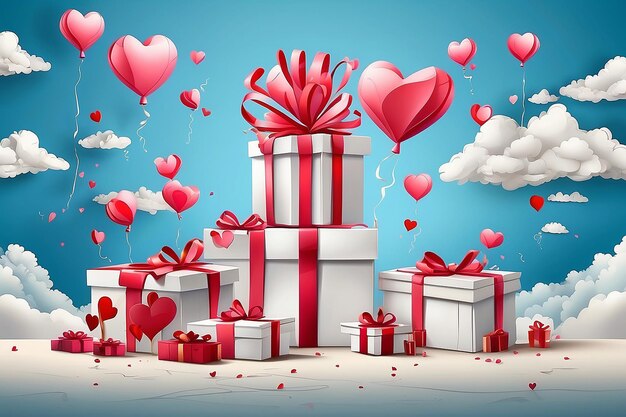 Gift boxes with heart balloon floating it the sky happy valentines day banners paper art style