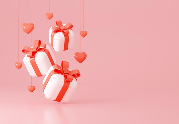 Gift boxes with hearts composition Valentines Day banner 3d rendering illustration