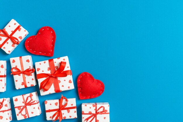 gift boxes with hearts wrapping paper and textile hearts