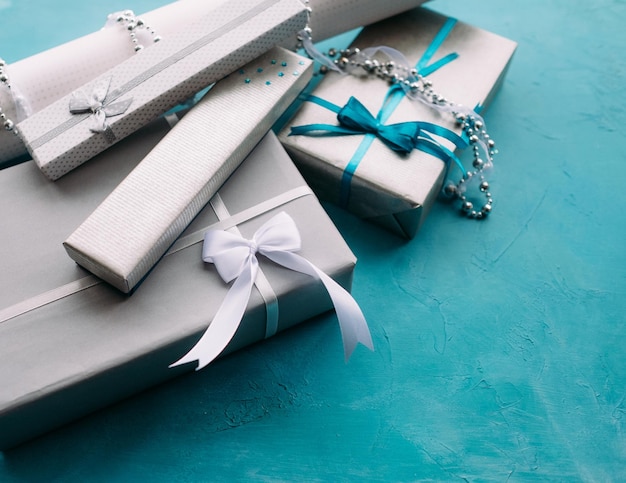 Gift boxes with jewelry presents inside Tasteful wrapping concept