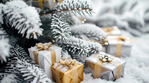 gift boxes with pine tree and white snow
