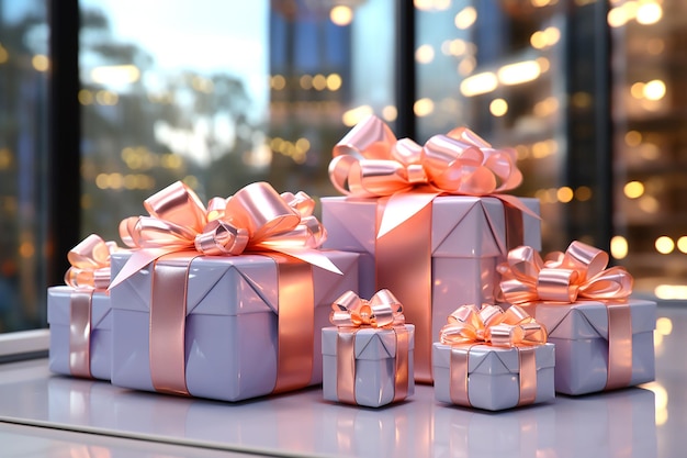 Gift boxes with pink bows on the background of bokeh effect Generative AI