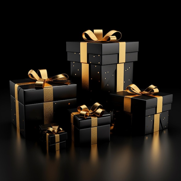 Gift Boxes with Ribbons on Black Background