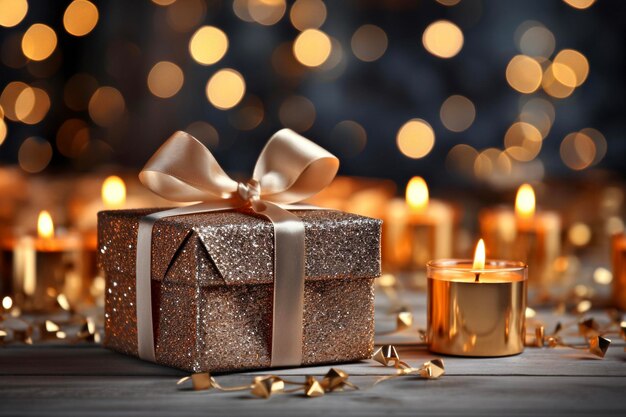 Gift boxes with ribbons and candles on blurred background closeup