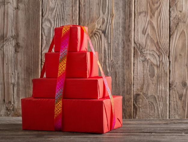 Gift boxes on wooden background