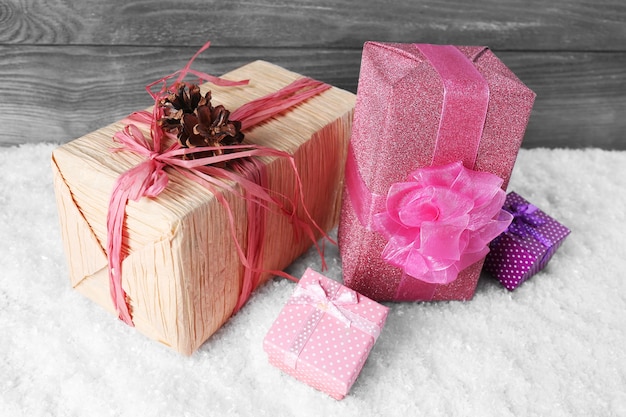 Gift boxes on wooden background