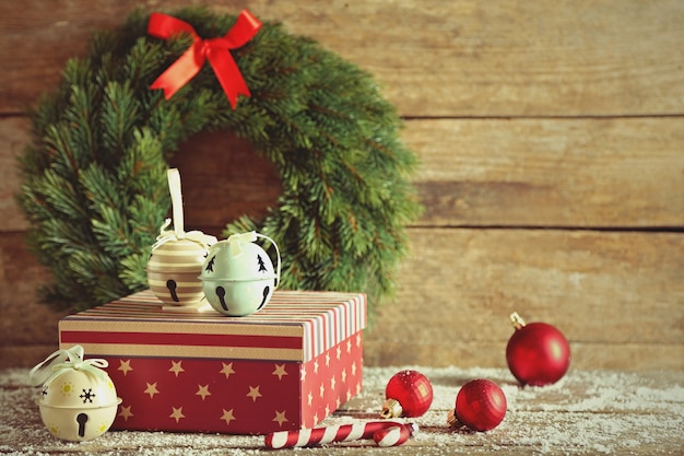 Gift boxes on wooden background