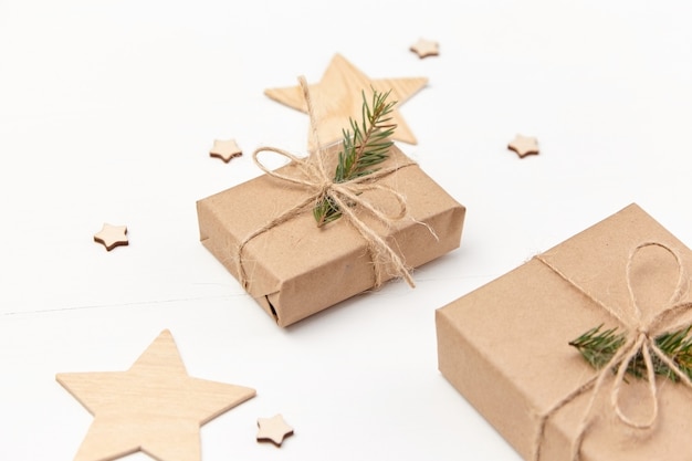 Gift boxes and wooden decorations