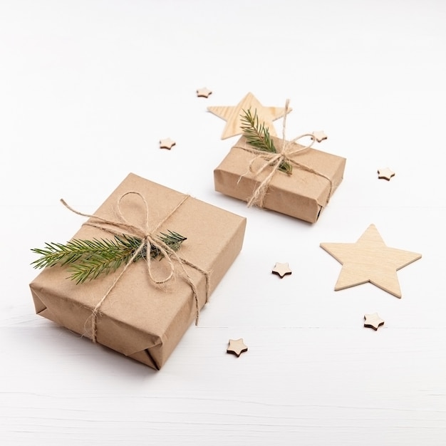 Gift boxes and wooden decorations