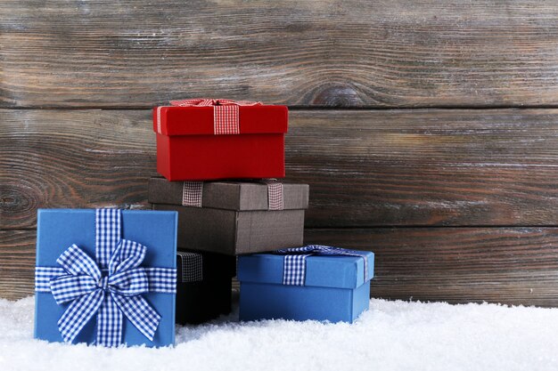 Gift boxes on wooden surface