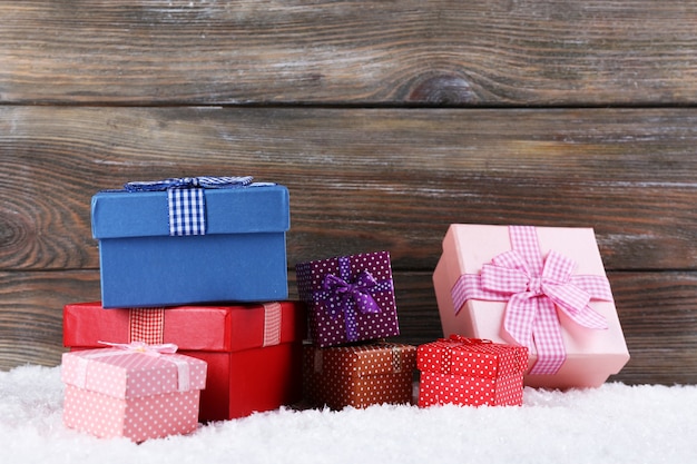 Gift boxes on wooden surface