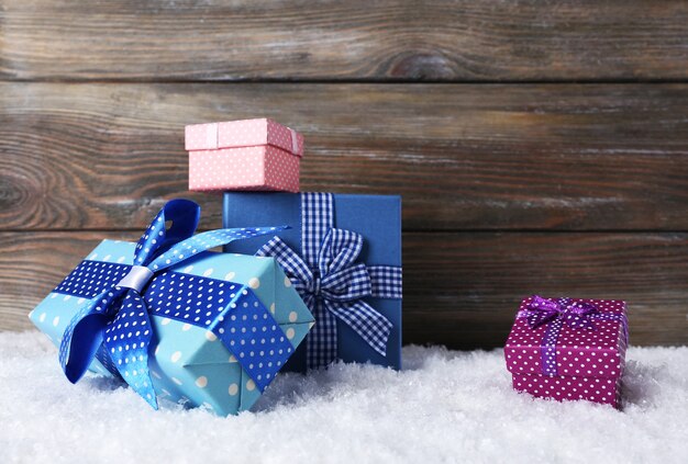 Gift boxes on wooden table