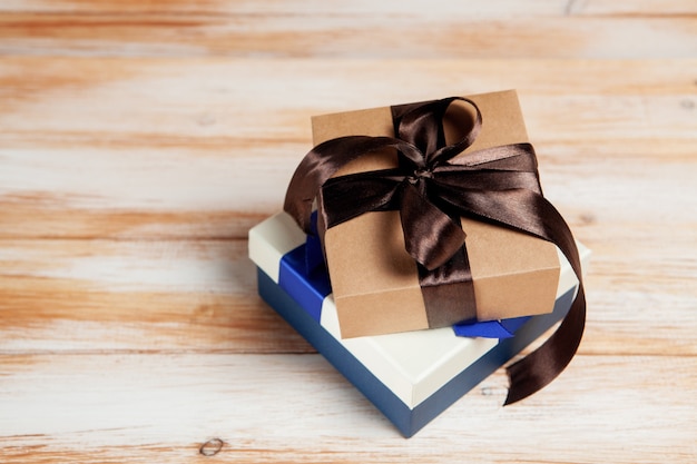 Gift boxes on a wooden table