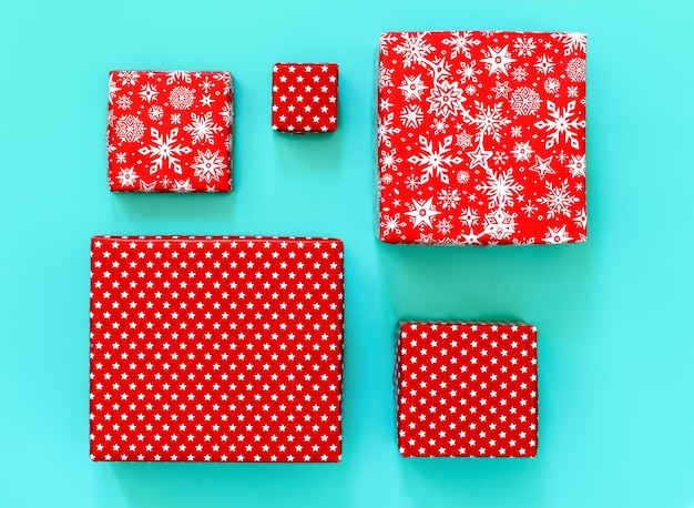 Photo gift boxes wrapped in red paper