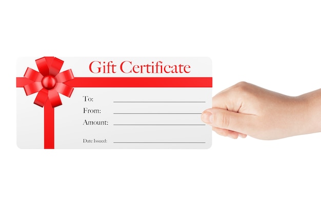 Gift Certificate with Red Ribbon and Bow in Woman's Hand on a white background