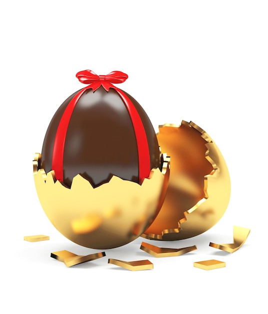 Gift chocolate egg in broken gold eggshell