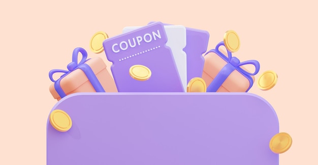 Gift coupons, coins with gifts and an empty space for text. 3d\
rendering