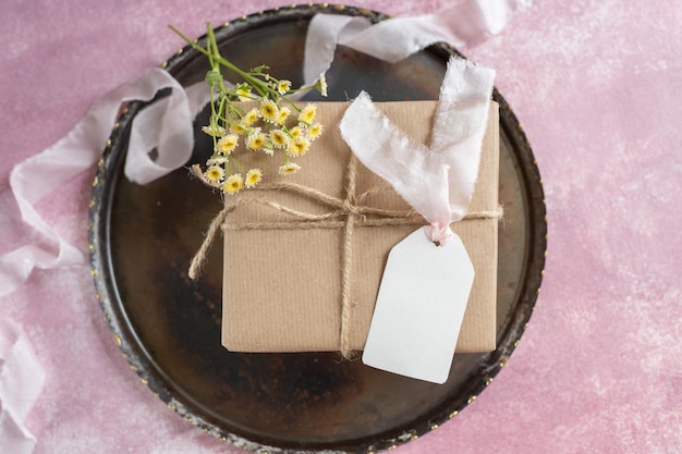 gift decoration white color tag mockup with ribbon