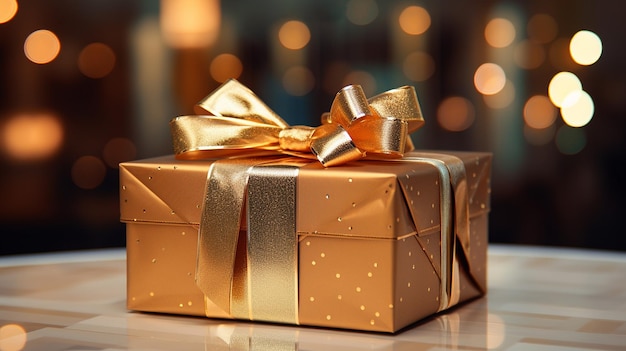 Photo gift in gold wrapping paper and gold bow closeup