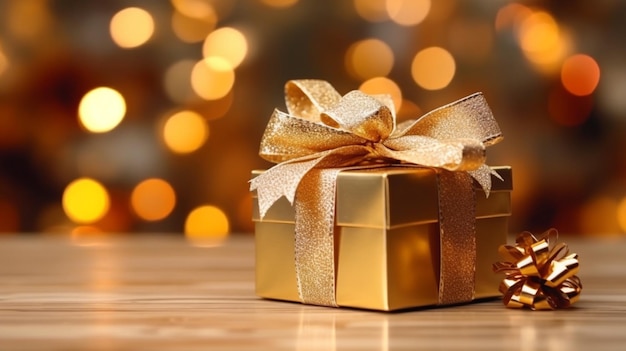 A gift in a golden box with a bow under the Christmas tree Generative AI