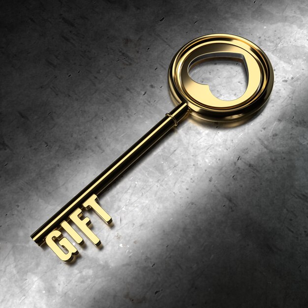 Gift - Golden Key on Black Metallic Background. 3D Rendering