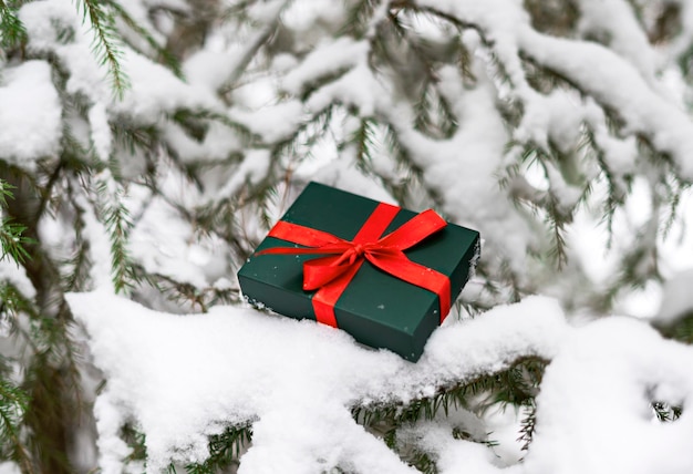 Gift in green box with red ribbon on snowy spruce tree in winter Christmas background and New Year