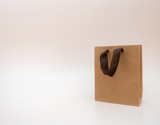 Фото Подарочный крафт-пакет, изолированный на светлом фоне, крафт-пакет с коричневыми руками, концепция переработки подарков, скидки на покупки