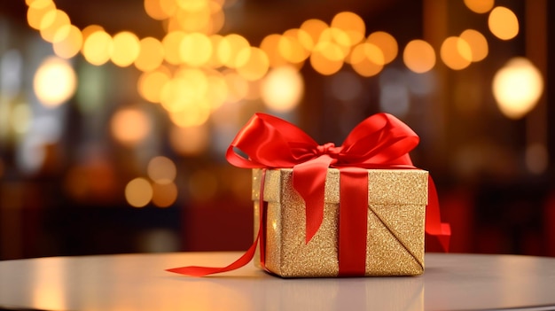 gift on table with red ribbon