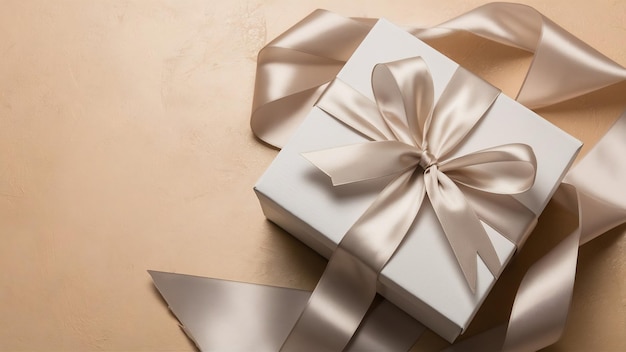 Gift white box with a beige ribbon on a beige background a gift for the holiday