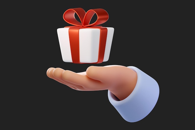 은 리본과 활을 가진 색 선물 상자, 색에 고립된 3D 인간 손으로 손바닥 선물 상자를 들고 있습니다.