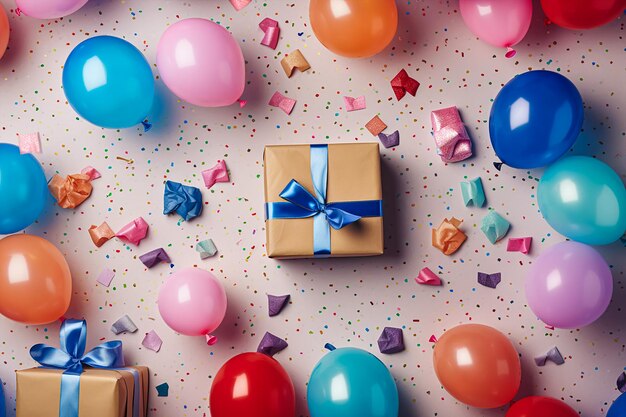 A gift with a blue ribbon is surrounded by balloons and balloons.