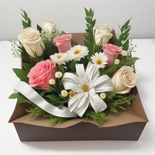 gift with box with flowers white background