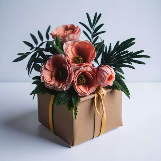 Photo gift with box with flowers white background