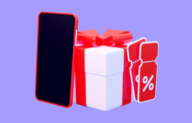 A gift with coupons and a phone during the sale the concept of ordering gifts online 3d render