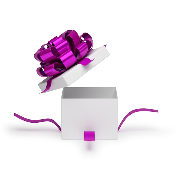 Gift with purple bow made of glossy ribbon open box