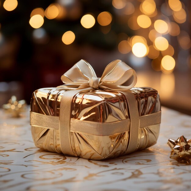 Gift with ribbon and bow on table bokeh in background