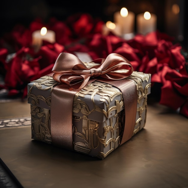 Gift with ribbon and bow on table bokeh in background